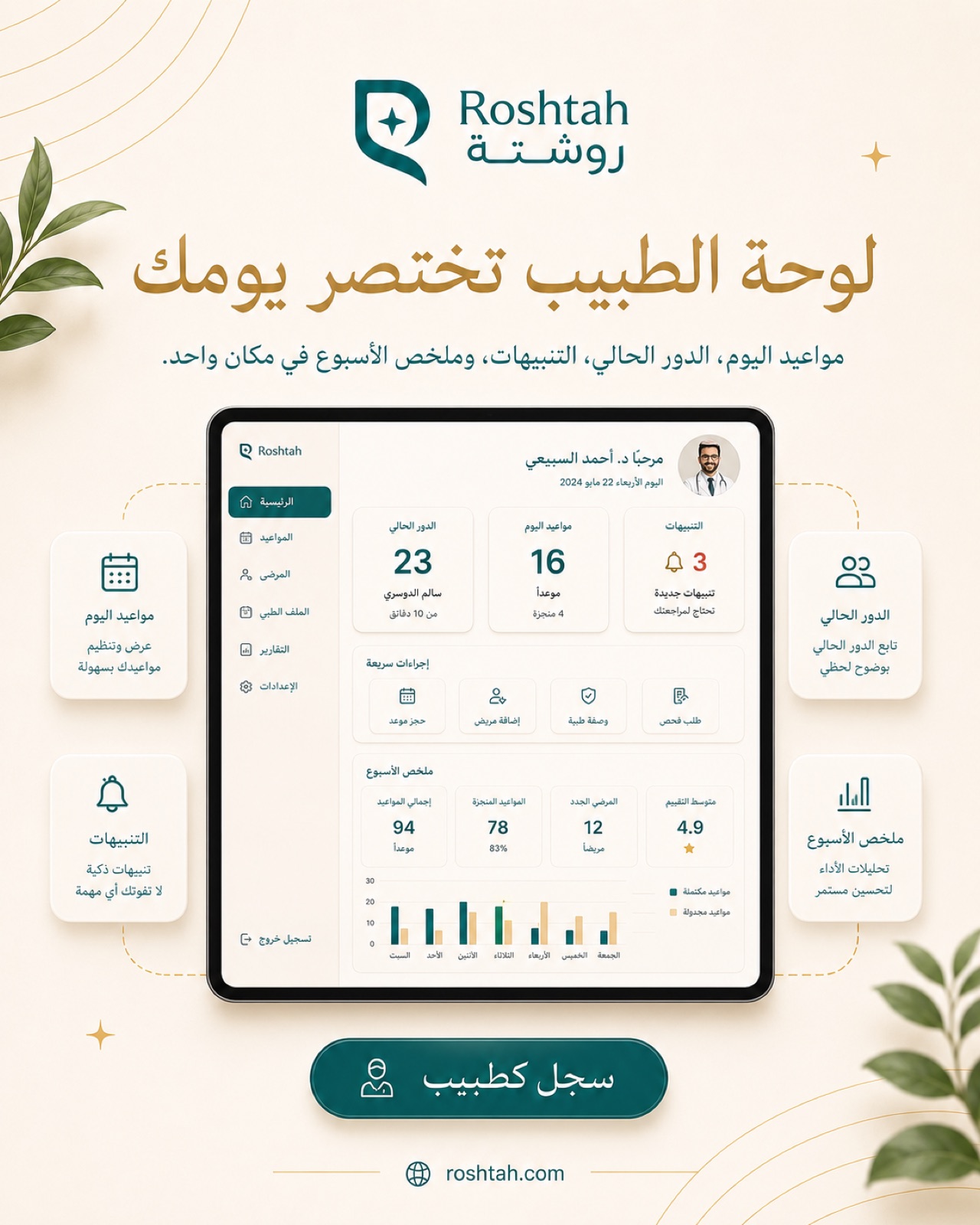 لوحة الطبيب — طابور اليوم والمواعيد وملخص الأسبوع في نظرة.